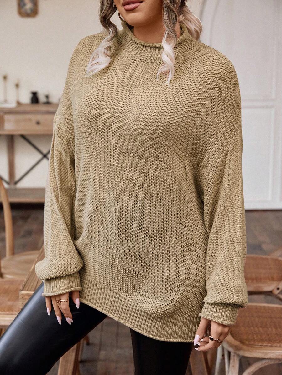 SHEIN LUNE Plus Mock Neck Drop Shoulder Sweater Without Belt Knit Pullover Fall Winter Sweater - Apricot - View 1