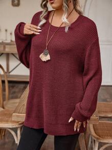 EMERY ROSE Plus Solid Drop Shoulder Sweater Knit Pullover Fall Winter Autumn Sweater - Burgundy - View 3