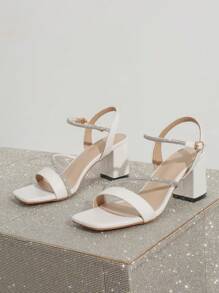 Giày cao gót đế thô cho nữ có quai đính đá giả, thời trang và thanh lịch cho ngày lễ tình nhân - trắng - Xem 4