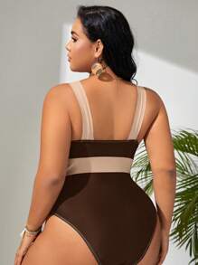 SHEIN Swim Curve Summer Beach Plus Colorblock Plunging Neck One Piece Swimsuit