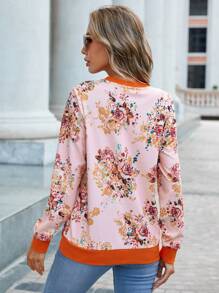 SHEIN LUNE Floral Print Contrast Trim Sweatshirt - Pink - View 2