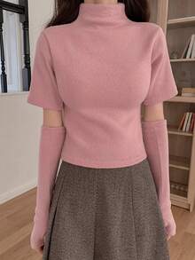 DAZY 素色高領T恤帶袖子 - 淺粉色 - 查看 5