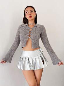 SHEIN ICON Space Dye Button Front Crop Cardigan - Multicolor - View 4