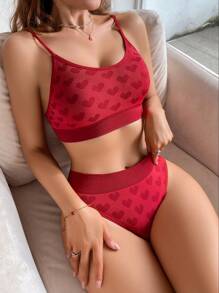 Yoga Heart Print Bra & Panty Lingerie Set Bridal Lingerie, Christmas - Red - View 1