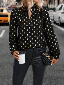 SHEIN LUNE Gold Dot Print Raglan Sleeve Blouse - Black - View 3