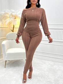 Zolique Asymmetrical Neck Drop Shoulder Ruched Side Tee & Leggings - Brown - View 5