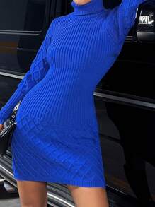 EURMUSE Turtleneck Lantern Sleeve Sweater Dress - Blue - View 5