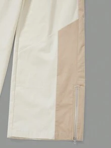 SHEINNeu 拼接側邊接縫腰部抽繩直筒褲 - 卡其色 - 查看 3