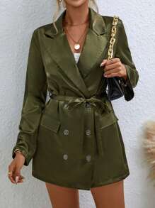 SHEIN Privé Lapel Neck Double Breasted Belted Blazer Dress - Army Green - View 1