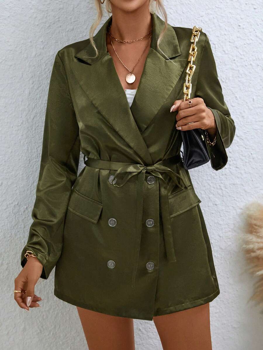 SHEIN Privé Lapel Neck Double Breasted Belted Blazer Dress - Army Green - View 1