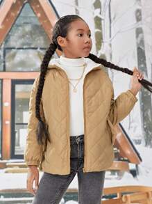 SHEIN Tween Girl 1pc Drop Shoulder Zipper Hooded Thermal Lined Quilted Coat - Khaki - View 3