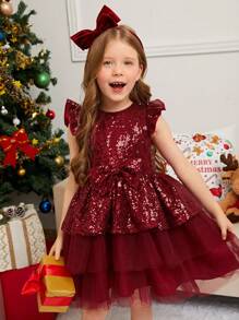 SHEIN Little Girls Sequin Decor Round Neck Cap Sleeve Glamorous Party Dress, Mommy & Me