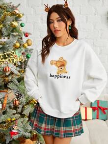 SHEIN EZwear Sudadera con estampado de oso y letra de hombros caídos - Blanco - Ver 4