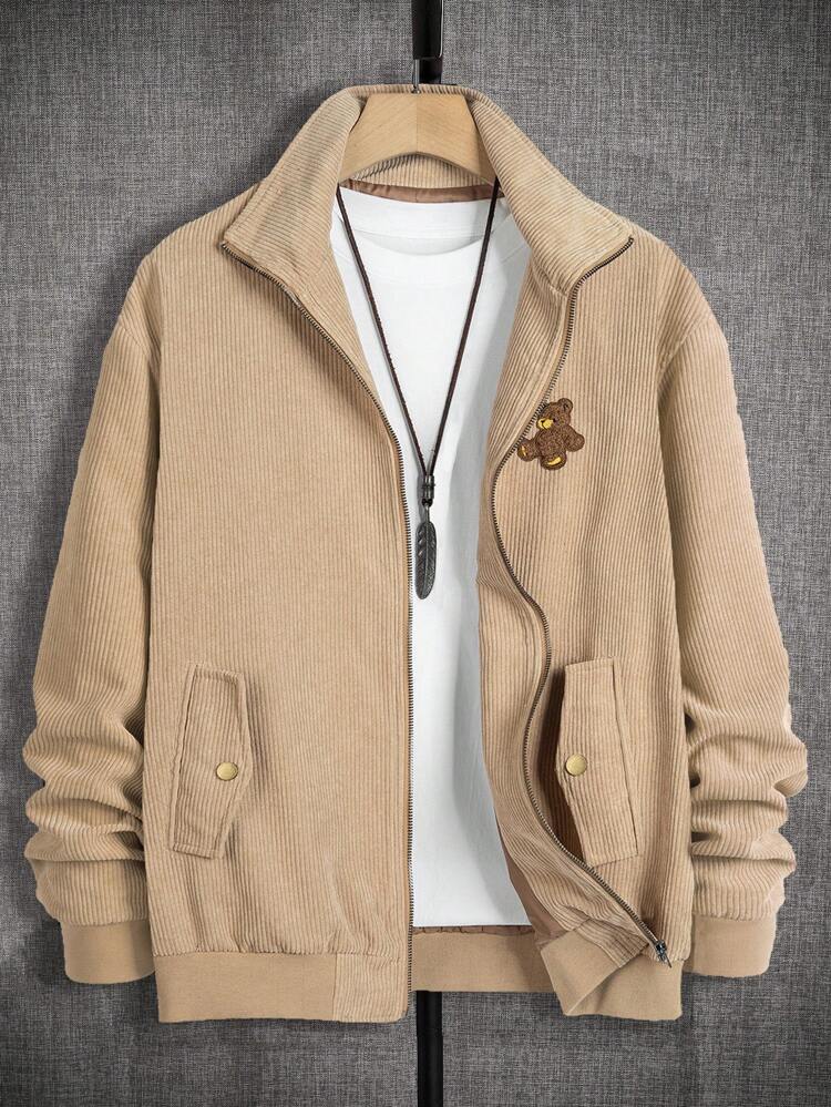 Oversized Men Bear Embroidery Zip Up Corduroy Jacket (No T-Shirt Included), For Fall Winter