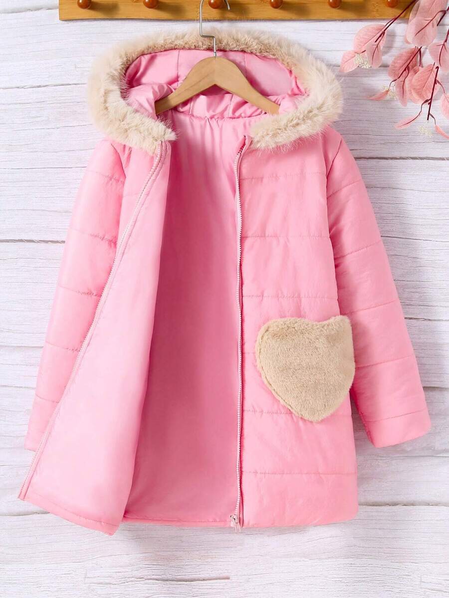 SHEIN Sparklyn Tween Girl 毛绒装饰连帽保暖衬垫外套（不含毛衣） - 粉色 - 查看 1