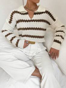 Chiquease Striped Pattern Drop Shoulder Sweater,Long Sleeve Tops Knit Pullover Fall Winter Sweater - Khaki - View 3