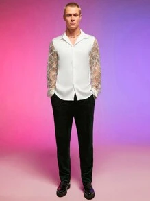 FeverCity Men Contrast Sequin Mesh Insert Button Up See Through Party Sexy Shirt, Boyfriend Gift - White - View 4