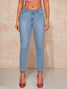 SHEIN BAE Slant Pocket Skinny Jeans - Blue - View 3