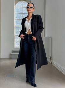 DAZY Lapel Neck Double Breasted Belted Longline Coat - Black - View 3