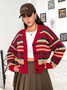 Flirla 大碼聖誕條紋圖案落肩袖開襟衫 - 彩色 - 查看 6