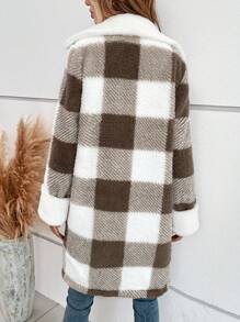 SHEIN Essnce 大方格圖案落肩袖絨毛外套 - 彩色 - 查看 2