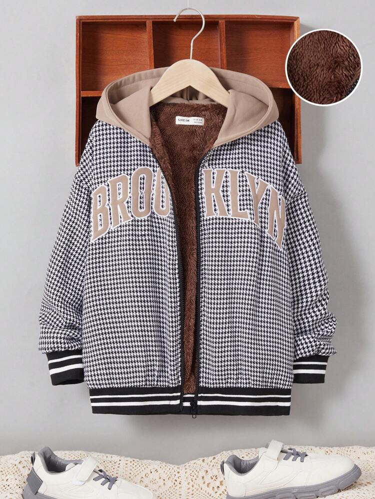 Tween Boy Houndstooth & Letter Graphic Striped Trim Hooded Thermal Lined Jacket