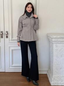 DAZY Chất rắn Thả vai Thắt lưng Áo khoác Trench - xanh quân đội - Xem 4