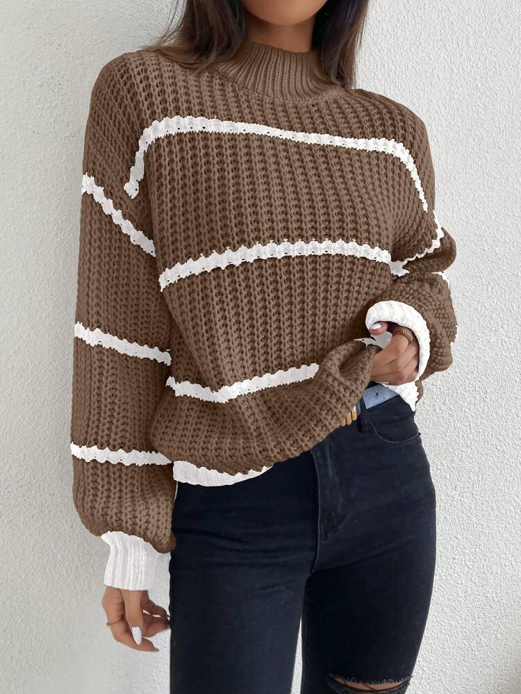 Striped Pattern Drop Shoulder Sweater,Long Sleeve Tops Knit Pullover Fall Winter Sweater