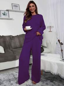Mulvari Solid Drop Shoulder Sweater & Knit Pants - Purple - View 5
