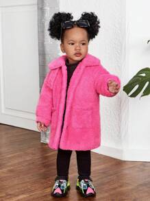 SHEIN 女嬰雙口袋搖粒絨外套 - 玫紅色 - 查看 1