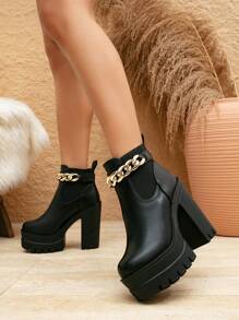 Fall/Winter Newest Arrival Women's Fashion Boots, Chunky Heel Short Boots With 13cm Heels, Thick Waterproof Platform, Double Anti-Slip,Ideal With Sweater Dress,Boots For Women - Black - View 4