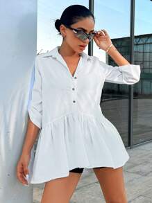 Cottnline Roll Tab Sleeve Ruffle Hem Blouse - White - View 1