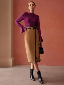 MOTF PREMIUM 羊毛混紡仿皮邊半身裙 - 駝色 - 查看 3