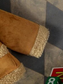 SHEIN 女嬰拼接邊毛絨內襯單排釦仿麂皮外套 - 棕色 - 查看 3