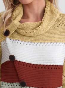 EMERY ROSE 撞色高领纽扣细节镂空针织套头衫秋冬毛衣 - 芥末黃 - 查看 3