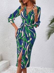 SHEIN Clasi 滿版印花繫腰帶洋裝 - 彩色 - 查看 3