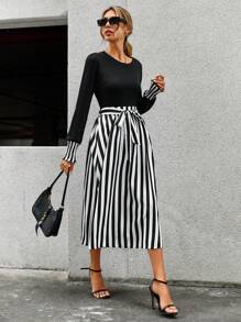 SHEIN Clasi Solid Tee & Striped Belted Skirt - Multicolor - View 1