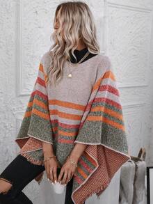 SHEIN LUNE Striped Pattern Fringe Trim Poncho Sweater - Multicolor - View 5