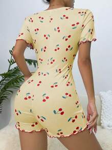 Cherry Print Lettuce Trim Button Front Sleep Romper
