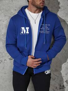 Manfinity Homme Men Plus 1pc Slogan Graphic Zip Up Drawstring Thermal Lined Hoodie - Blue - View 5