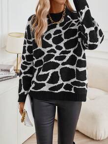 SHEIN Clasi 滿版圖案落肩袖套頭毛衣 - 黑與白 - 查看 4