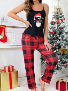 Christmas Print Cami Top & Plaid Pants PJ Set - Black - View 5