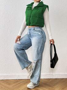 SHEIN EZwear Hơn Dây kéo Mùa vụ Áo gi lê Lông vũ - Màu xanh lá cây đậm - Xem 5