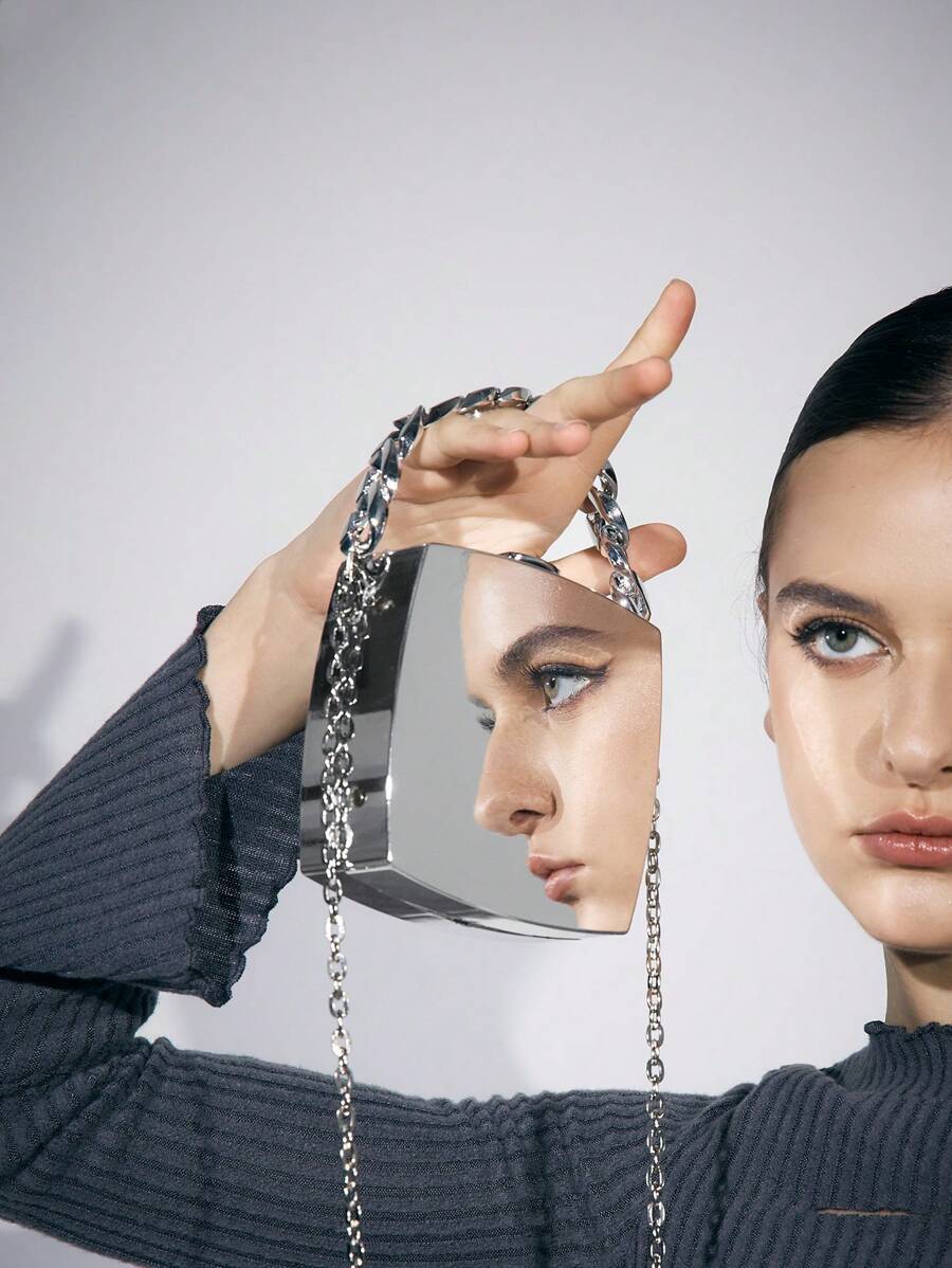 SHEIN ICON Fashionable Mirrored Clutch, Elegant Mini Evening Handbag - Silver - View 1