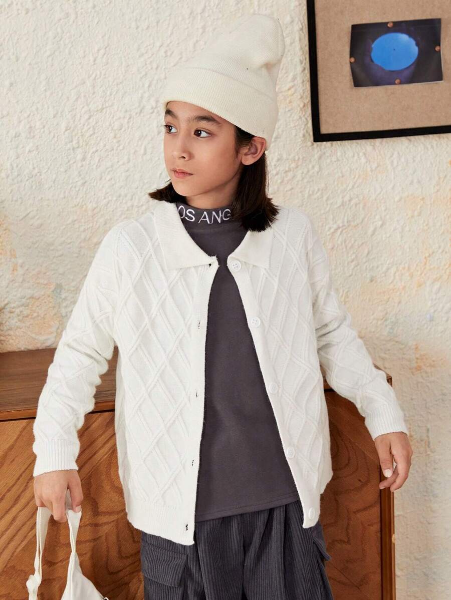 SHEIN 男大童素色前排扣開襟衫 - 白色 - 查看 1