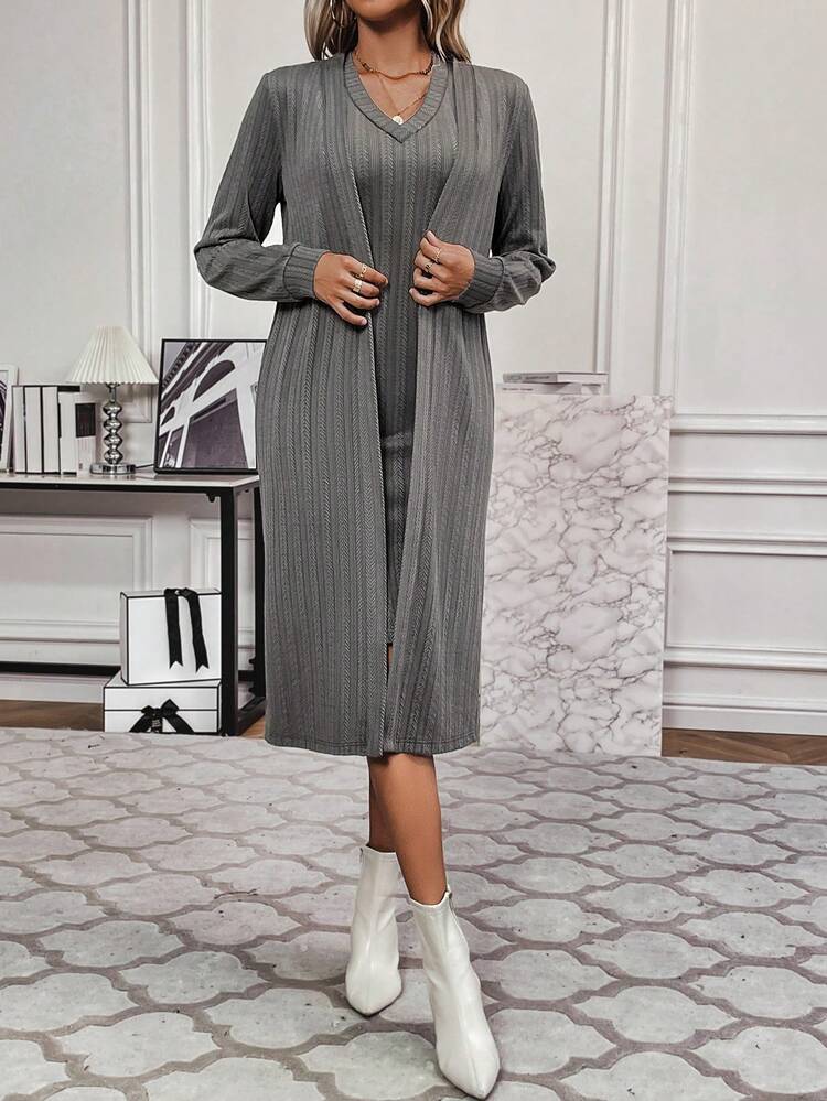 Solid Tank Dress & Open Front Coat Fall Cloth For Women