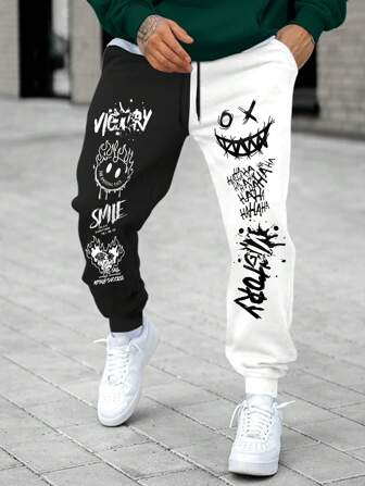 Manfinity LEGND Men Cartoon Letter Graphic Two Tone Drawstring Waist Sweatpants Long Sweat Pants Color Block Going Out Funny Boyfriend Gift, For Rave