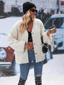 SHEIN LUNE Dual Pocket Drop Shoulder Teddy Coat - Beige - View 4