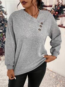 SHEIN LUNE Plus Button Detail Asymmetrical Neck Sweatshirt Graduation,Back To School,Graduation,Teacher For Women,Back To School Pullover Fall Winter Sweatshirt Autumn - Multicolor - View 6