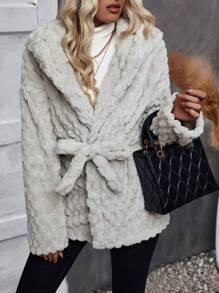 SHEIN LUNE Hooded Open Front Flannel Coat - Grey - View 4